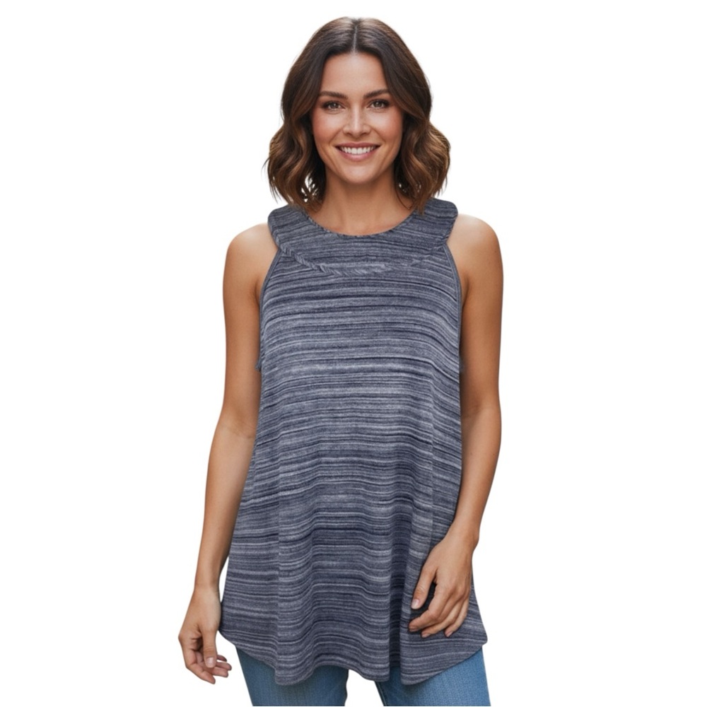 Navy Blue Striped Halter Round Neck Sleeveless Top Tunic Casual Size Sm